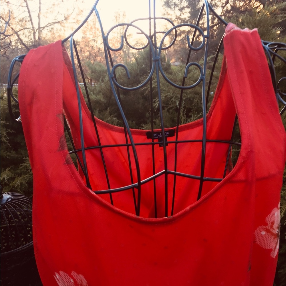 Willow Red Smocked stretchy mesh lined Peplum Tank Top - Picture 3 of 13